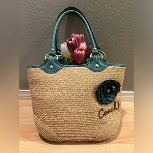 Coach Straw Tote with Teal Accents